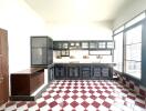 Modern kitchen with dark cabinets and checkered floor