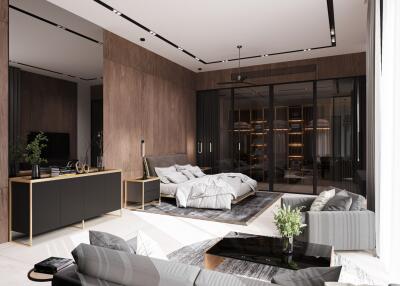 Modern bedroom with glass partition and sitting area