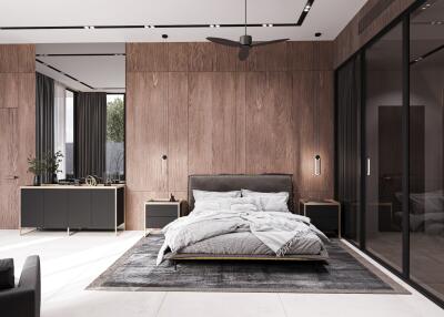 Modern bedroom with wooden walls and large window