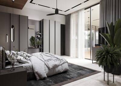 Modern bedroom with large windows and plants