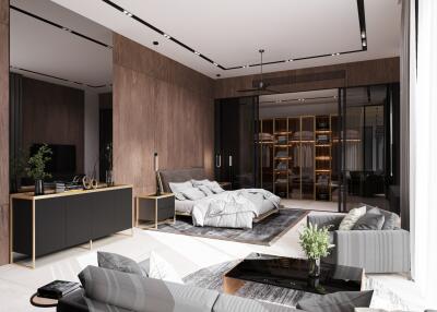 Modern luxury bedroom with large windows and elegant furnishings