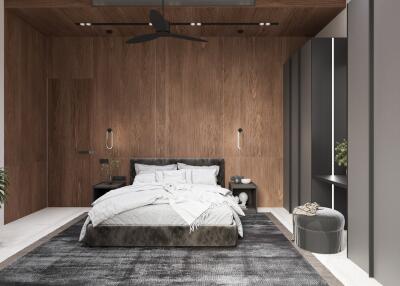 Modern bedroom with wooden accents