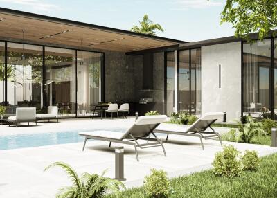 Modern poolside outdoor living area with lounge chairs