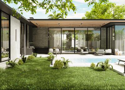 Modern outdoor living space with a pool and greenery