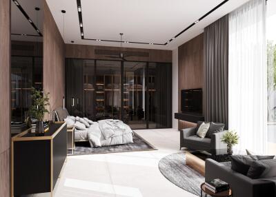 modern bedroom with large windows and contemporary furnishings