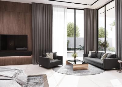 Modern living room with large windows and contemporary furniture