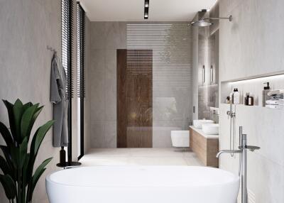 Modern bathroom with freestanding bathtub