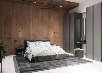 Modern bedroom with wooden accent wall