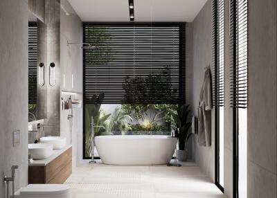 Modern bathroom with freestanding tub and large windows