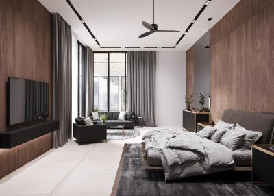 Modern bedroom with a seating area and large windows