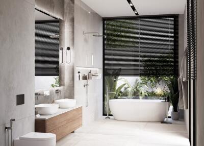 Modern bathroom with double sinks, bathtub, and large windows