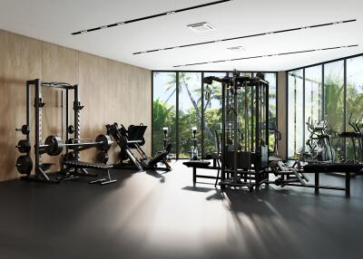 Modern home gym with diverse workout equipment and large windows