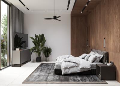 Modern bedroom with wooden accent wall and large windows