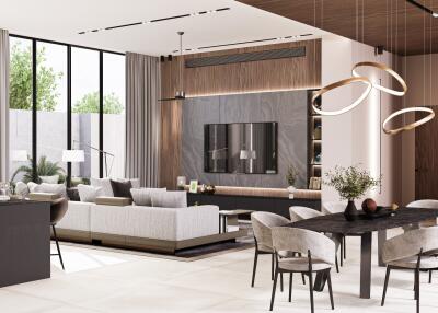 Modern living and dining area with large windows and contemporary furnishings