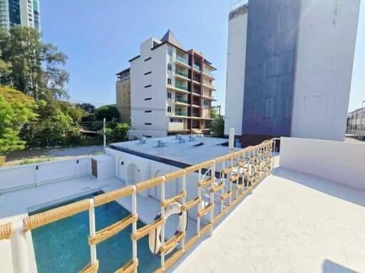 Rooftop view of a modern building with a swimming pool