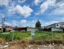 Vacant land with clear skies and nearby buildings