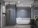 Modern bathroom with shower, bathtub, and vanity