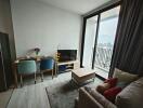 Modern living room with dining area and city view