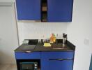 Compact kitchen with blue cabinetry