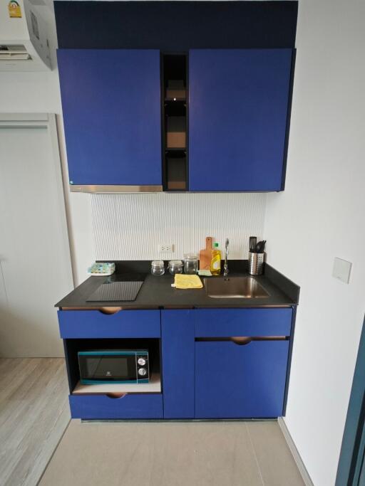 Compact kitchen with blue cabinetry