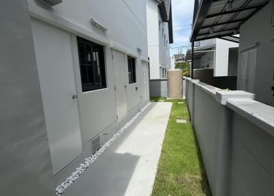 View of a narrow backyard with a walkway and grassy areas