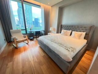 Modern bedroom with large window and city view