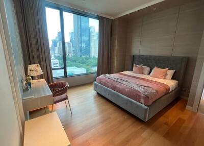 Modern bedroom with a city view and large window