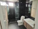 Modern bathroom with a glass-enclosed shower, toilet, and vanity