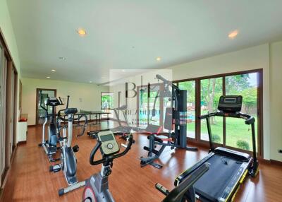 Well-equipped gym with modern exercise machines and large windows.