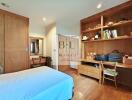 Modern and spacious bedroom with wooden storage units