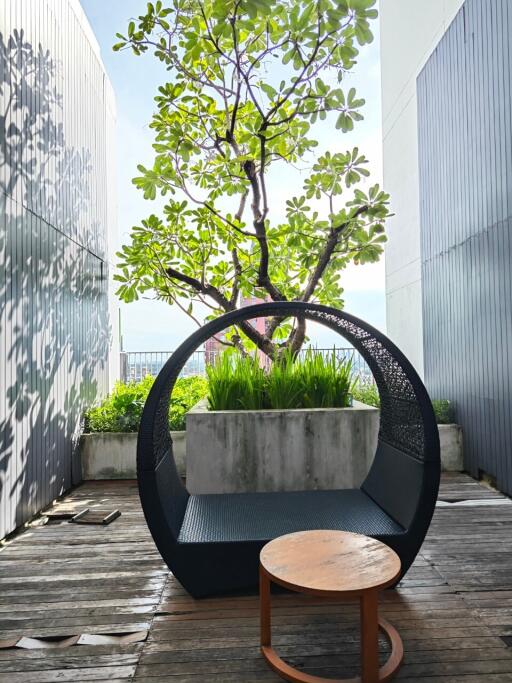 Outdoor seating area with foliage