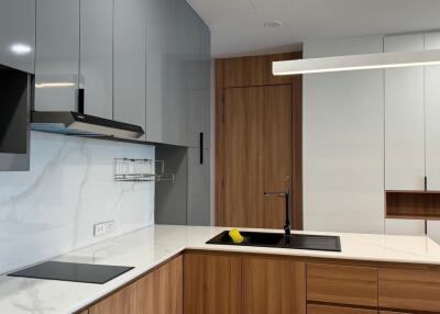 Modern kitchen with wooden cabinets and marble backsplash