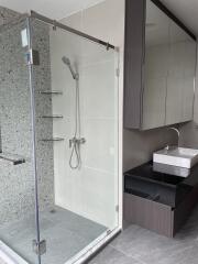 Modern bathroom with glass-enclosed shower and sink