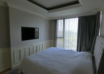 Bedroom with wall-mounted TV and large window