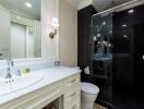 Modern bathroom with glass shower enclosure and white vanity