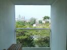 Balcony with a view and wooden bench