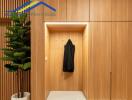 Modern entryway with wooden paneling, coat hooks, and a potted plant