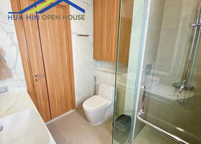 Modern bathroom with glass shower and wooden door