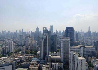 Skyline view of a city with various skyscrapers and buildings