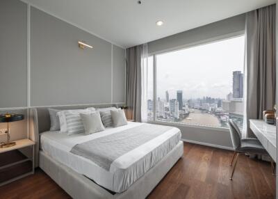 Modern bedroom with large window and city view