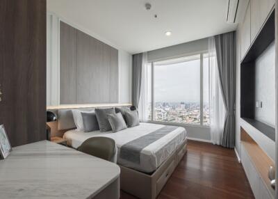 Modern bedroom with large window and city view