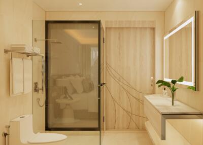 Modern bathroom with glass shower and backlit mirror