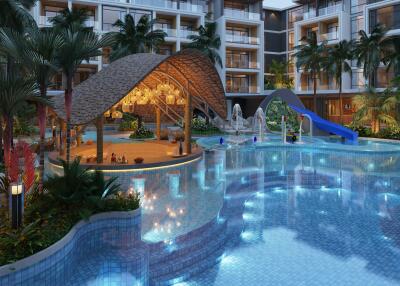 Luxury apartment complex with swimming pool and outdoor relaxation area