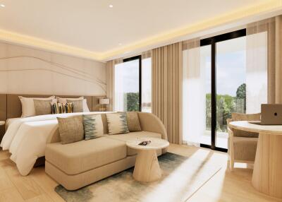 Spacious bedroom with a modern bed, sofa, and large windows