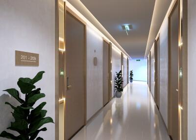 Hallway with multiple doors and potted plants