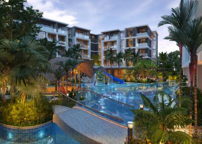 Luxurious apartment complex with swimming pool and tropical landscaping