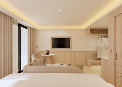 Modern bedroom with beige themed decor