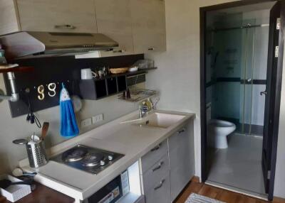 Small modern kitchen with appliances and a view of an adjacent bathroom