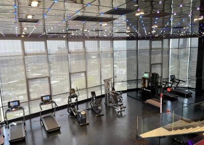 Modern gym with exercise equipment and city view