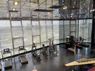 Modern gym with exercise equipment and city view